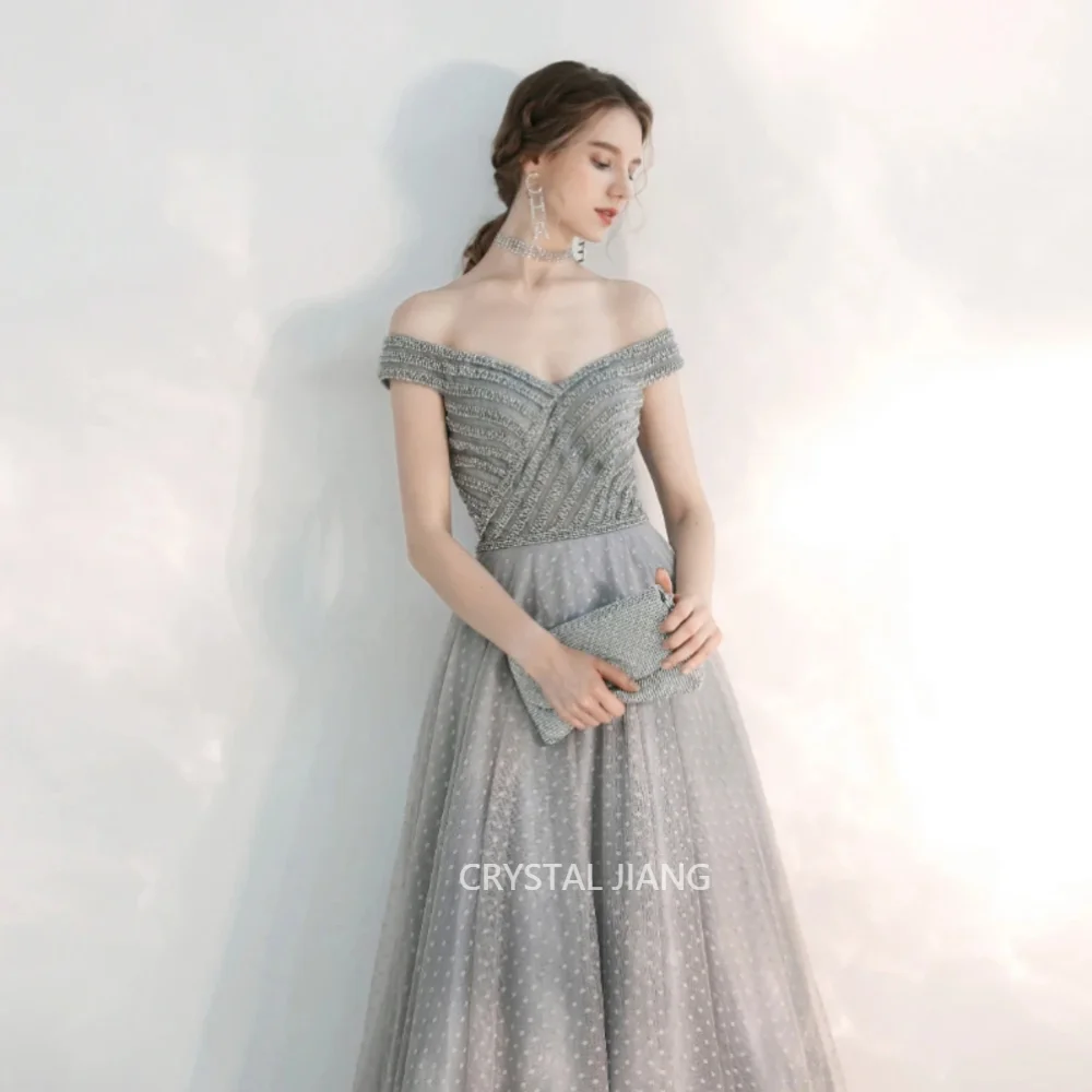 

Vintage Long Off the Shoulder Tulle Evening Dreses Sleeveless A Line Sweep Trainفساتين سهره فاخره 2023 for Women