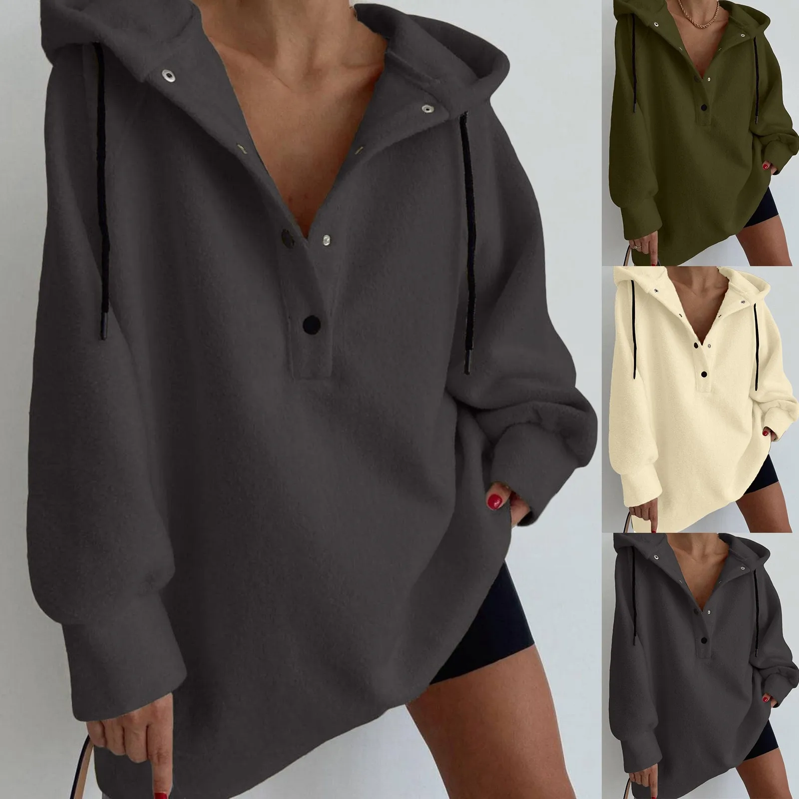 

Women's Long Sleeved Loose Casual Hooded Rope Zippered Sweater Long Thin Zip Hoodie