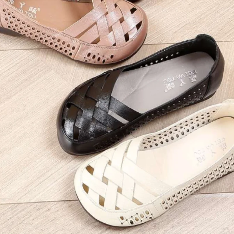 

Summer Women's Single Shoes With Shallow Rib Comfortable Simple Retro Hollow Out Breathable And Versatile Flat Shoes