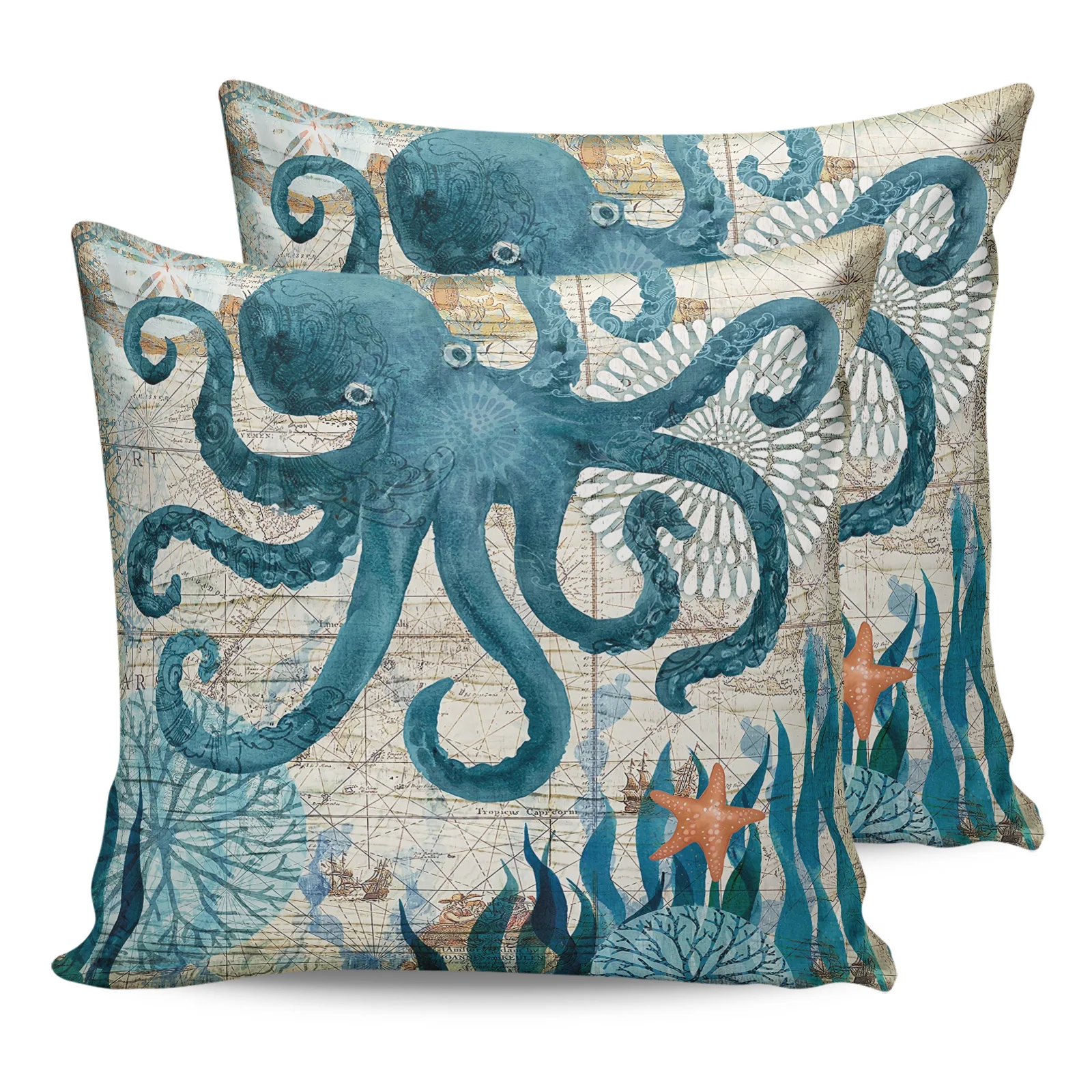 

2PCS Pillowcases Octopus Ocean Retro Nautical Style Cushion Cover Home Bedding Living Room Decorative Couch Throw Pillow Case