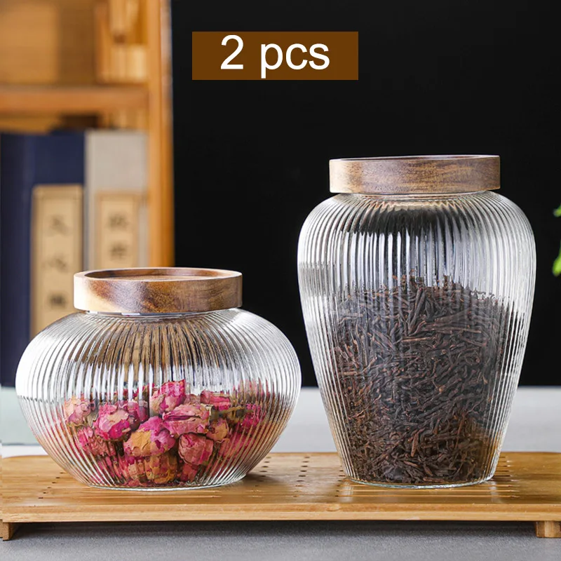 

[ Preferential sets ] Wood Lid Glass Airtight Canister Kitchen Storage Jar Food Container Grains Tea Can Coffee Beans Candy Jars