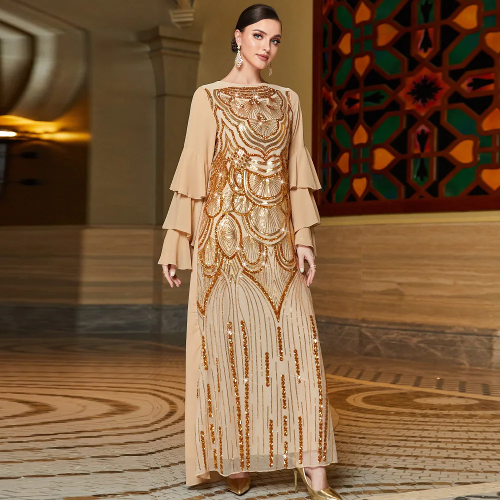 Women's Chiffon Gold Multi-Layer Frill Sleeve Positioning Spangled Embroidered Dress Turkish Indian Abaya Arab Party Dress