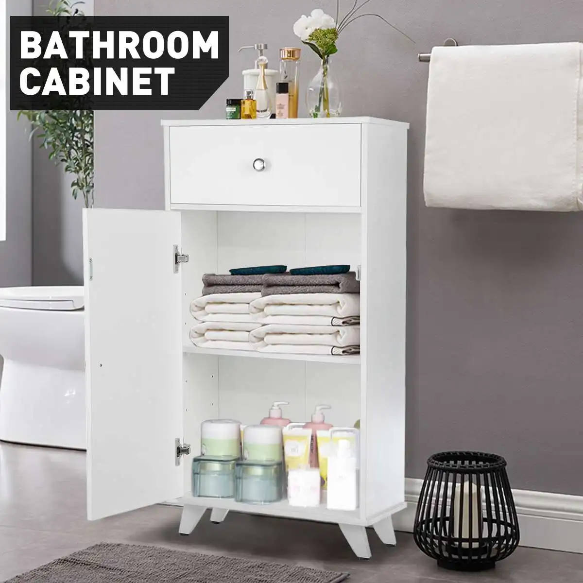 

New Bathroom Cabinet Bathroom Cupboard 1 Door 3 Shelves Floor Mounted Vanity Storage Unit with Shelf Furniture with Drawer