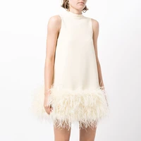 design sense ostrich feather half high collar splicing short dress 2022 summer new waist sleeveless solid colour dress
