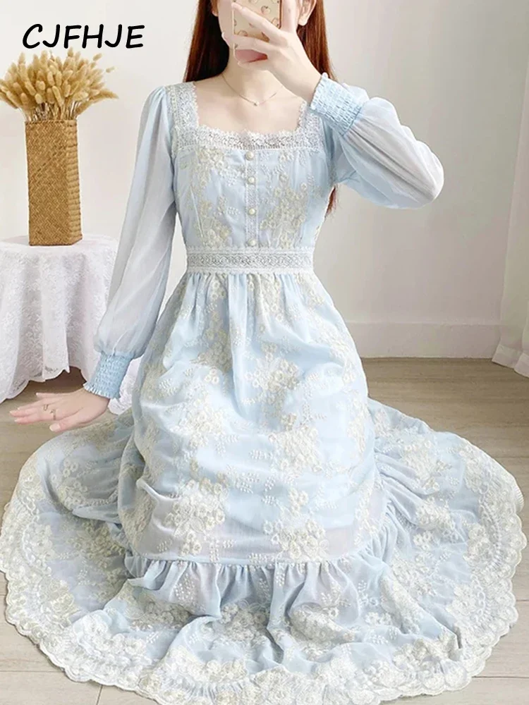 CJFHJE абрикосовое милое мягкое кружевное миди-платье на пуговицах с вышивкой