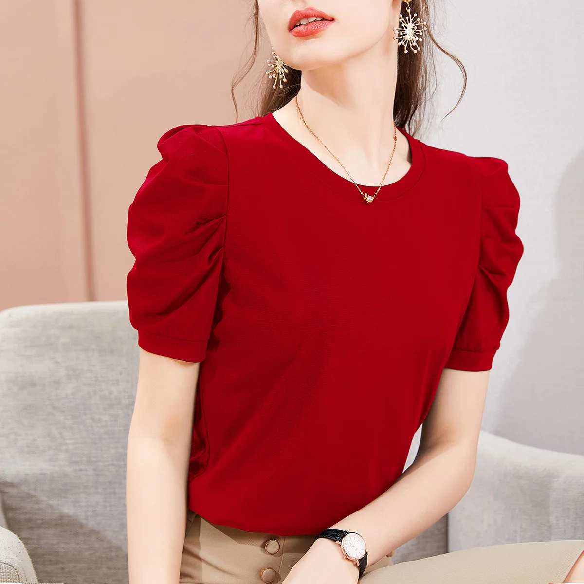 

2022 NEW FASHION WOMEN Women's Tops Solid Color Casual Round Neck 100% Cotton Short Sleeves