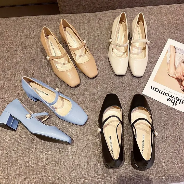 

Vintage Mary Jane Shoes Spring and Autumn Vintage Square Head Female Bridesmaid Shoes White High Heels Female Heels Women