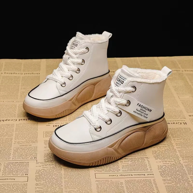 2022 New Winter Women Ankle Boots Warm Plush Woman Vulcanized Shoes PU Walking Sneakers Casual Flats Lace Up Ladies Snow Shoes