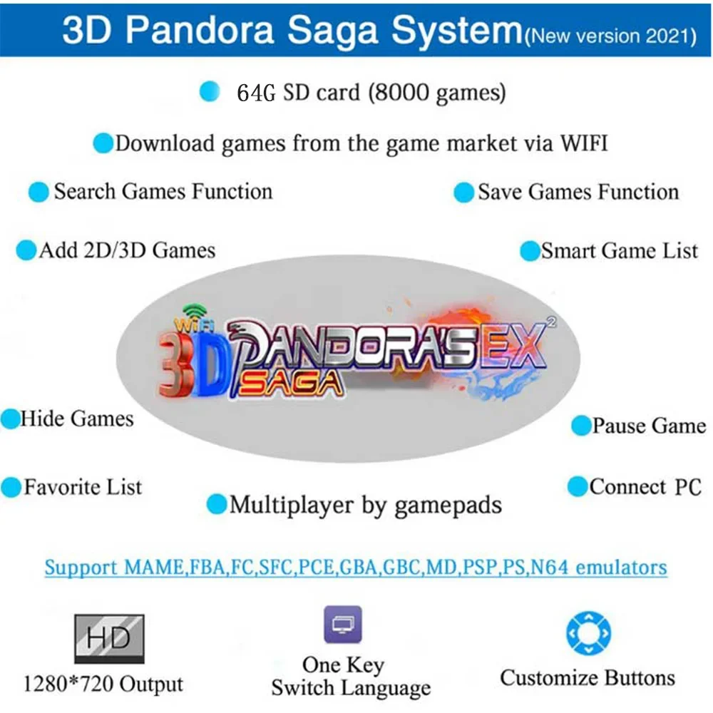 2-плеер 8000 в 1 Pandora Saga EX 3D Копия SANWA Джойстик Хромированная светодиодная кнопка DIY