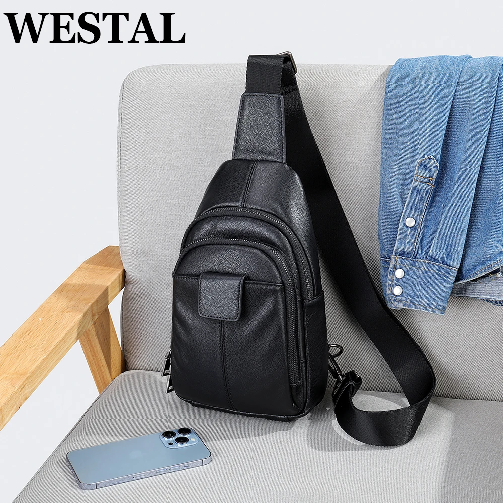 

WESTAL Men's Chest Bag Genuine Leather Shoulder Bag Husband Cross Body Side Pack Sling Bag Casual Travel Phone Pouch Slingback