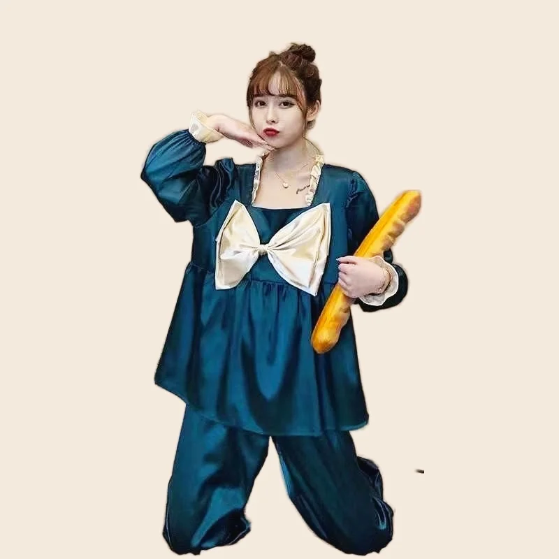 Cute Pajamas Set Full Sleeve T-shirt Long Pants 2Piece/Set Summer Sexy Bow Pyjama Big Size Homewear Cozy Plus Sweet Sleepwear