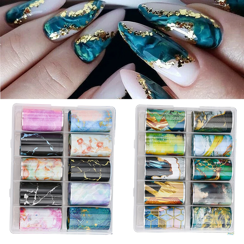 

Blue Ink Marble Blooming Foil Nail Art Sticker Set Oil painting Gilding Image Nail Transfer Decals Decor Decals Nail Accessories