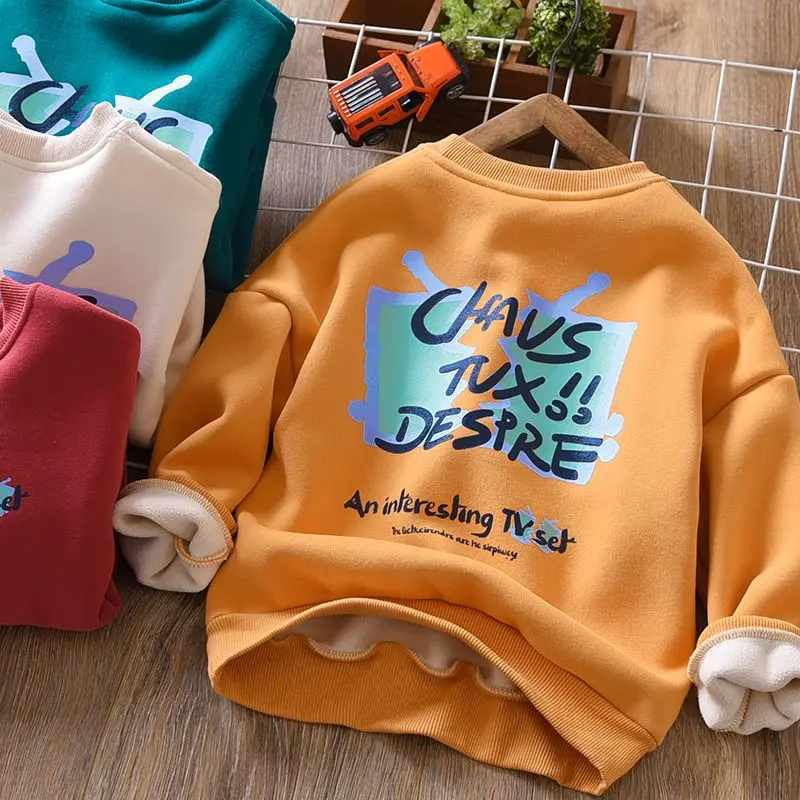 

Boy's Hoody Autumn and Winter 2022 New Letter Printing Single-Layer Fleece-Lined Thickened Children's Bottoming Shirt