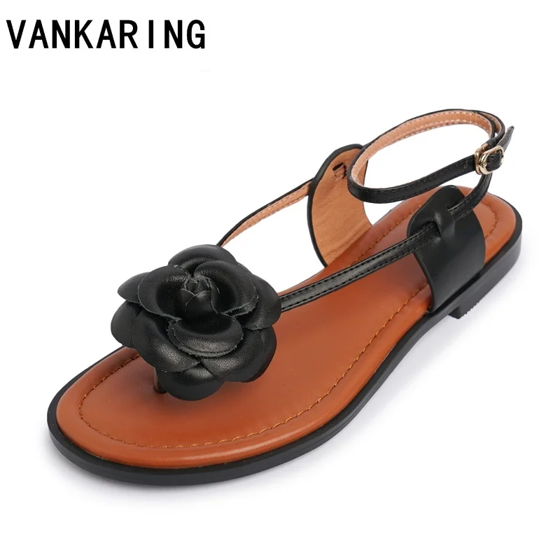 

big size flower design fashion genuine leather summer shoes women sandals ladies party casual shoes flat heel shoes flip flops