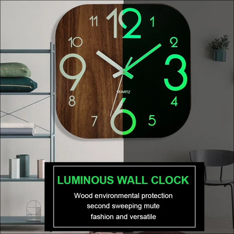 

Wooden Luminous Wall Clock 12inch Bedroom Clock Mute Quartz Clock Wood Grain Luminous Creative Fluorescent Clock Home Decoration