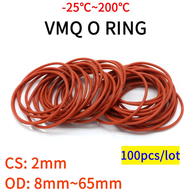 

100pcs VMQ O Ring Seal Gasket Thickness CS 2mm OD 8 ~ 65mm Silicone Rubber Insulated Waterproof Washer Round Shape Nontoxi Red