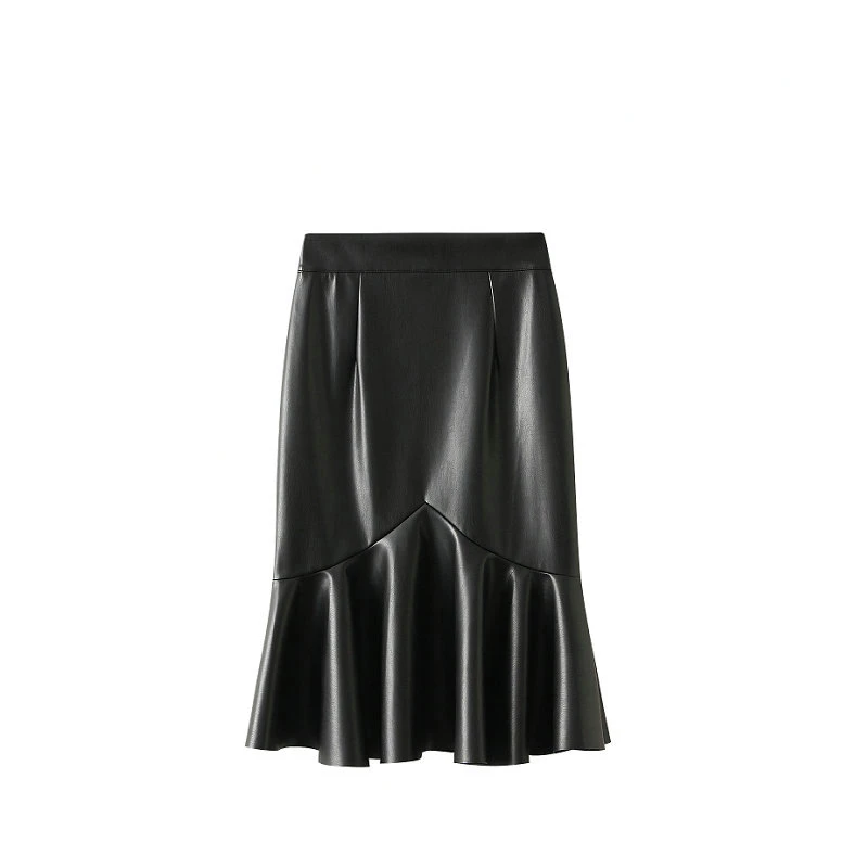 

High Waist Figure Sheath Thin Over Knee Leather Skirt Women Autumn Winter PU Leather Stitching Fishtail Black Skirt Women