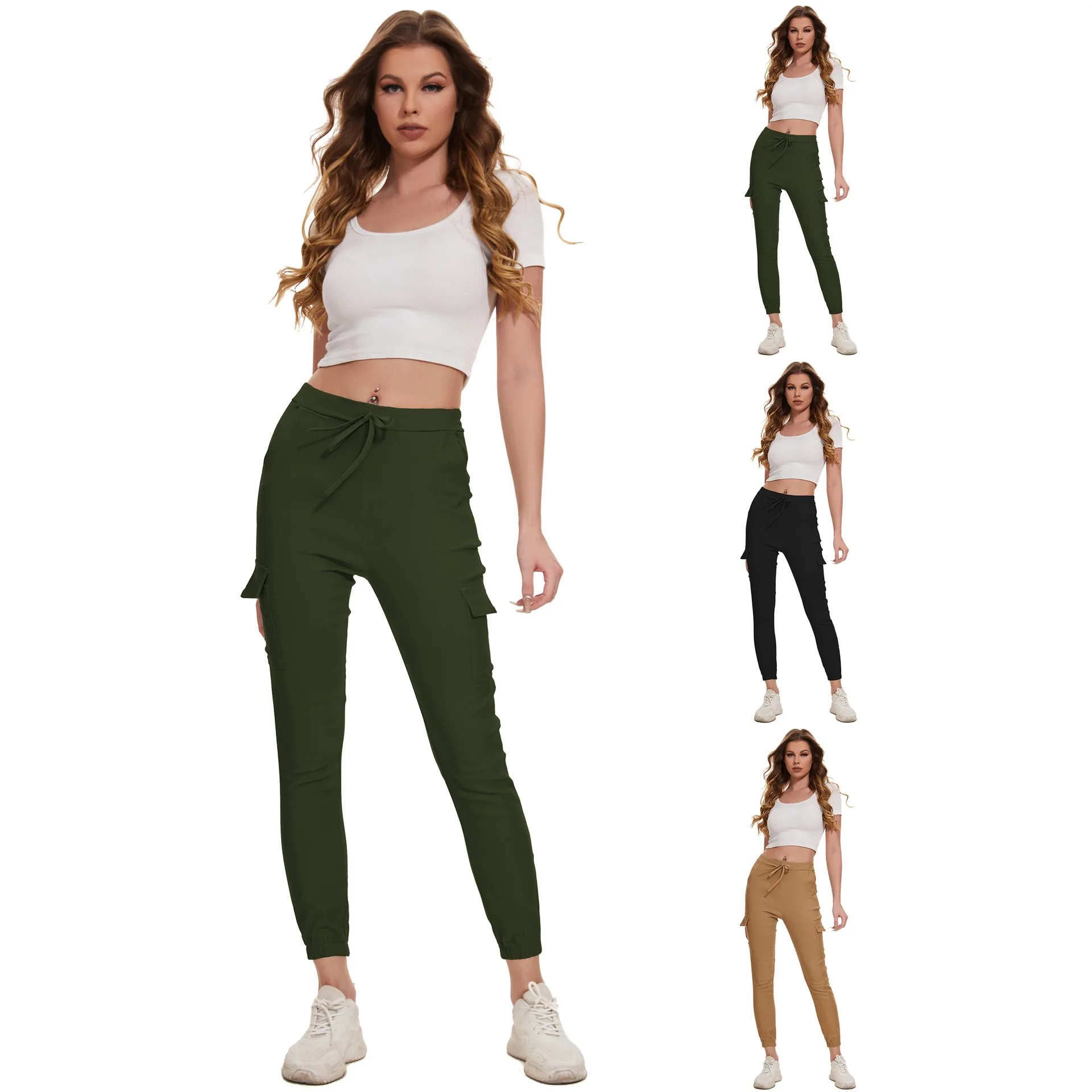 Spring Autumn Women Cargo Pants Elastic Waist Drawstring Multiple Pockets Casual Trousers Female Solid Safari Style