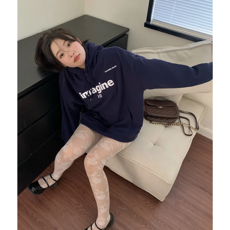 Женский свитшот с капюшоном темно-синий мешковатый пуловер длинным рукавом и