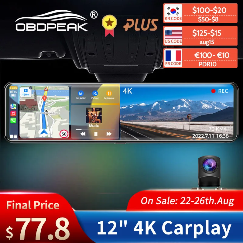 OBDPEAK K4 12 Inch Carplay & Android Auto 4K 2160P Wifi Dash Cam Rearview Mirror Car DVR GPS Navigation Video Recorder Dual Lens
