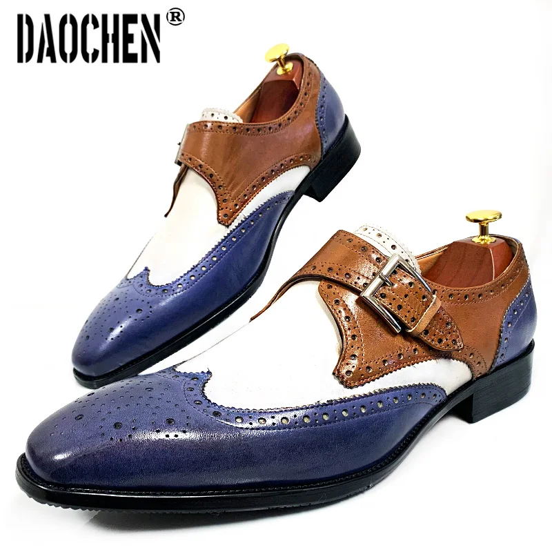 

Luxury Men Loafers Shoes Slip On Monk Strap Mix-Colors Men Dress Shoes Black Office Wedding Genuine Leather Casual Shoes For Men