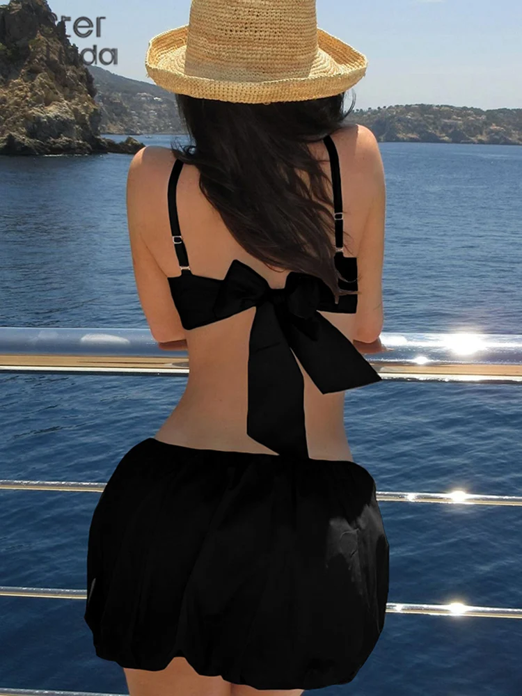 Женский костюм с юбкой Sisterlinda летний однотонный до середины икры лямкой на шее и