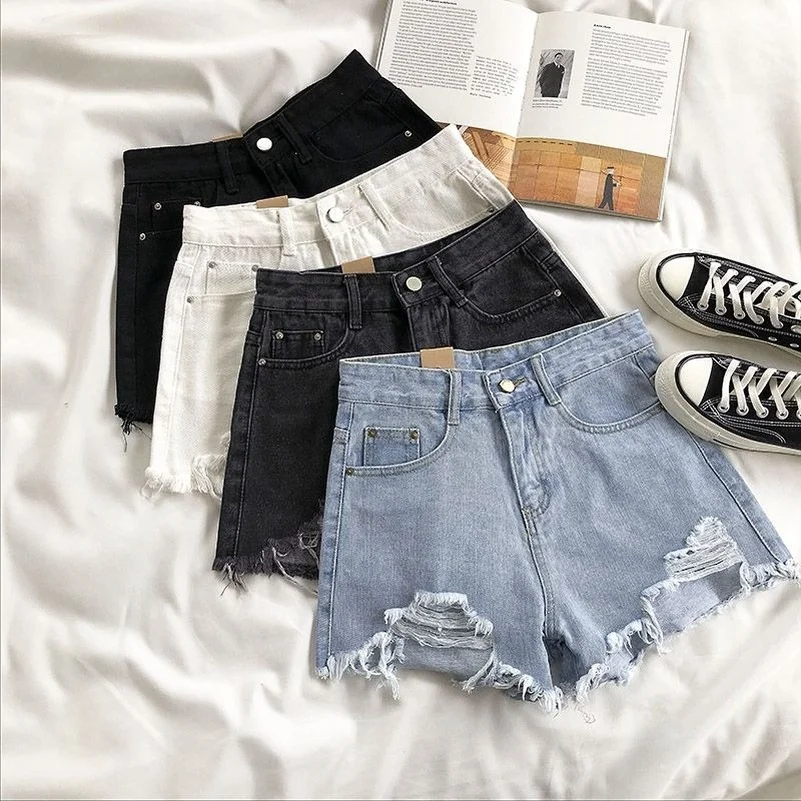 

Summer Ripped Jeans Short Female Femme Short Pants Women Casual High Waist Denim Shorts Women Summer Pocket Tassel Hole Sexy