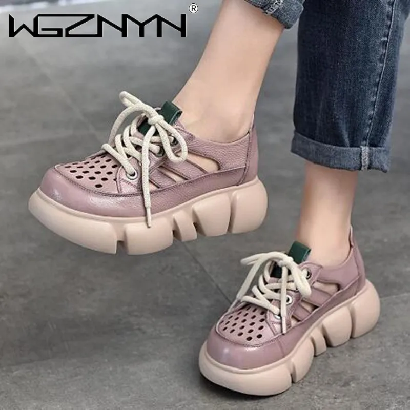 

2023 Fashion Mixed Color Women Sandals Full Genuine Leather Pumps Lace Up Round Toe Platform Flat Heels Comfortable Street Shoes