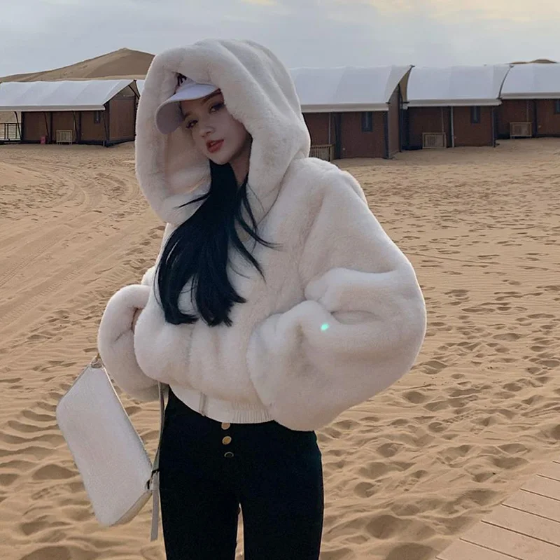 Stylish Plush Faux Fur Coat For Women Winter 2022 New Thick Design Sense Matching Short Hooded Pure Color Warm Coats Female