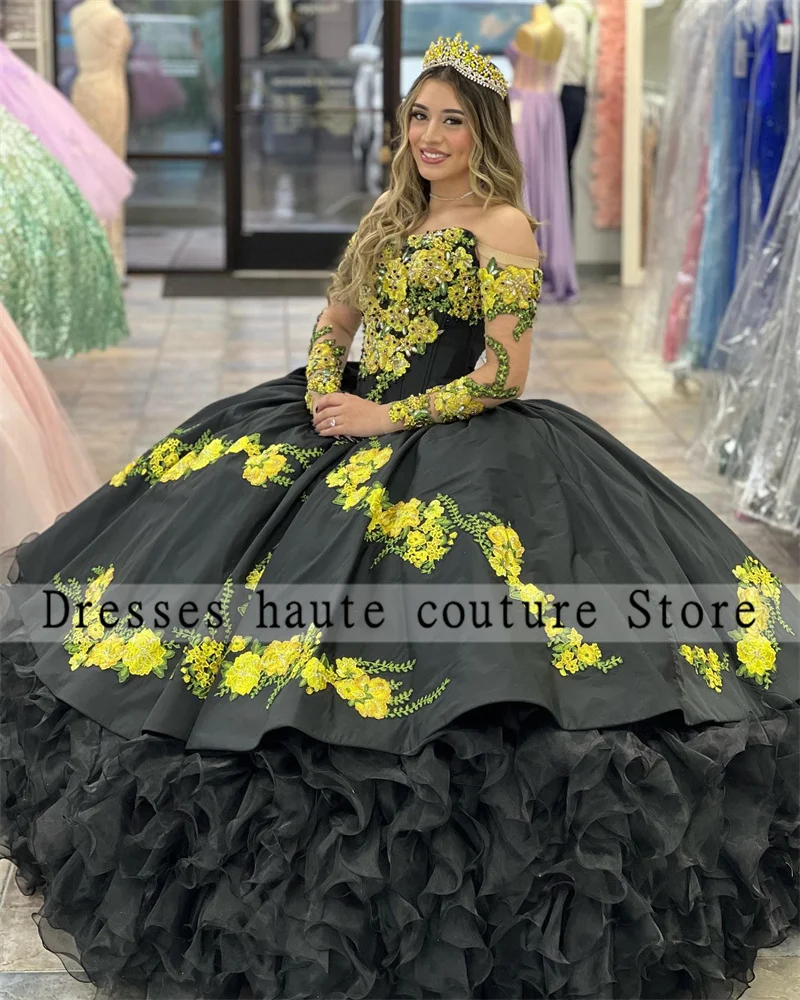 

Luxury Mexican Embroidery Black Ball Gown Quinceanera Dress 2023 Long Sleeve Ruffles Sweet 16 Dress Vestido De 15 Anos Lace-Up