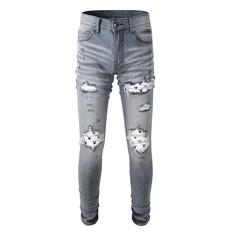 Джинсы мужские в стиле ретро модные уличные рваные джинсы Slim Fit эластичные
