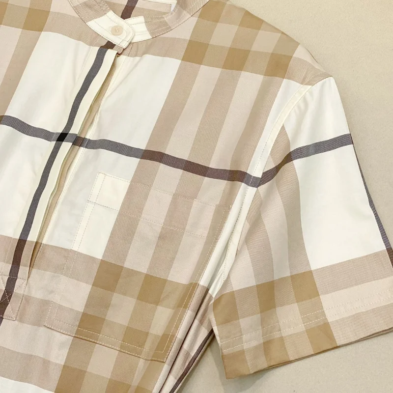 

Round Neck Short Sleeve Cotton Plaid Dress Women Single Breasted Dresses
