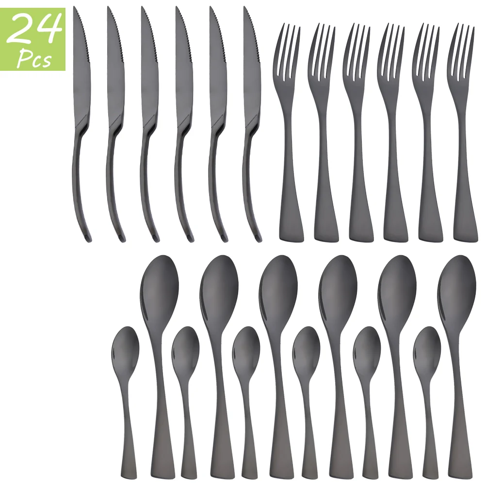 

24Pcs Black Cutlery Set Mirror Stainless Steel Dinnerware Tableware Steak Knives Fork Coffee Spoon Silverware Kitchen Flatware