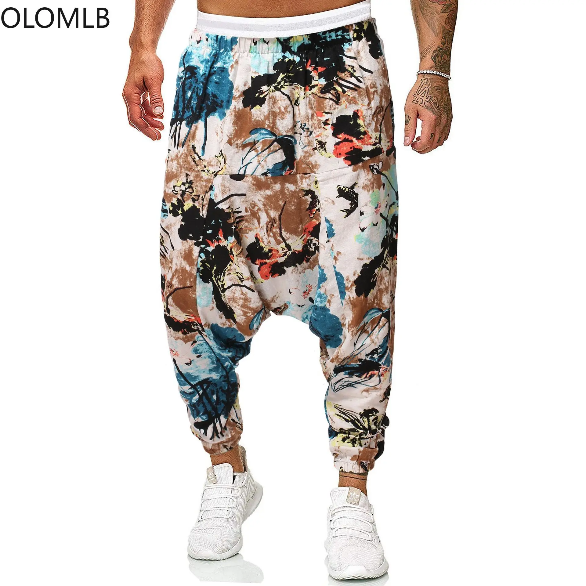 

Men's Cotton Linen Drop Crotch Saggy Harem Pants Floral Hip Hop Baggy Trousers