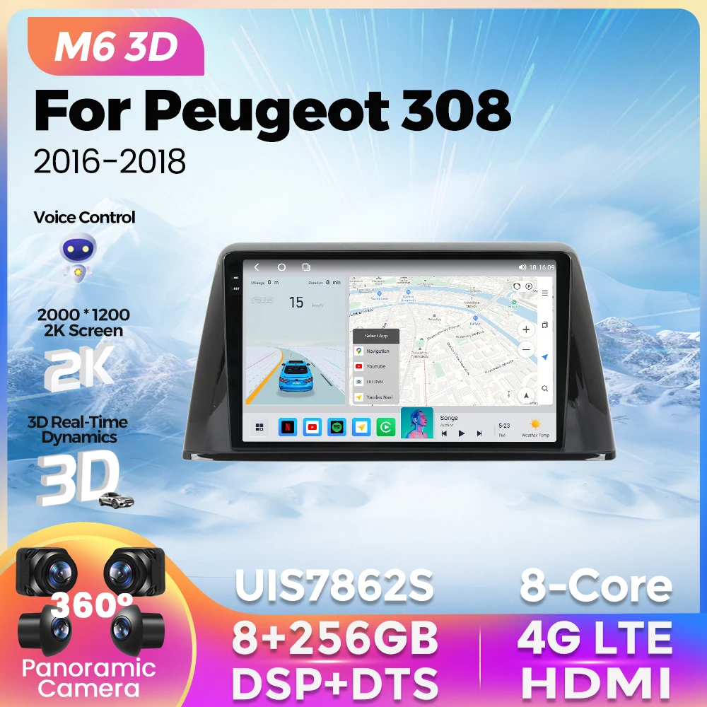 

M6 Pro 3D UIS7862S BT Автомагнитола 2Din 8G+256G для Пежо 308 2016 2017 2018 Android Все-в-одном Навигация GPS Мультимедиа Видеоплеер