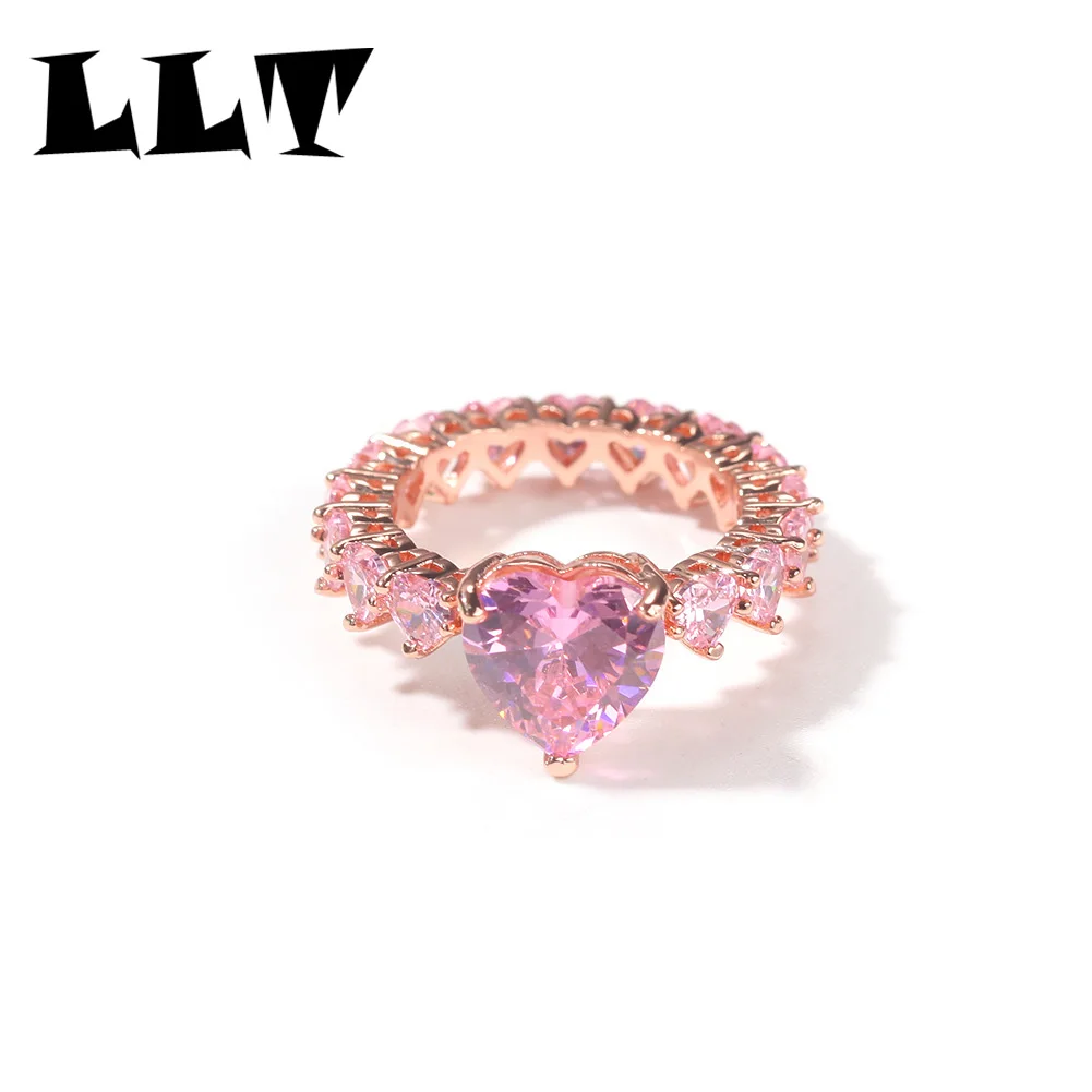 2022 New Heart Rings Iced Out Water Drop Pink Bling CZ For Girl Women Hip Hop Fashion Jewelry Gift