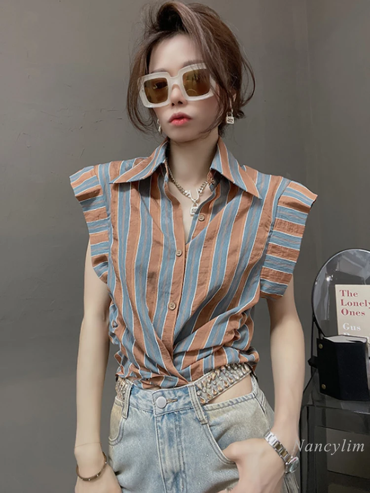 Блузка женская летняя в полоску модная шикарная рубашка европейском стиле с