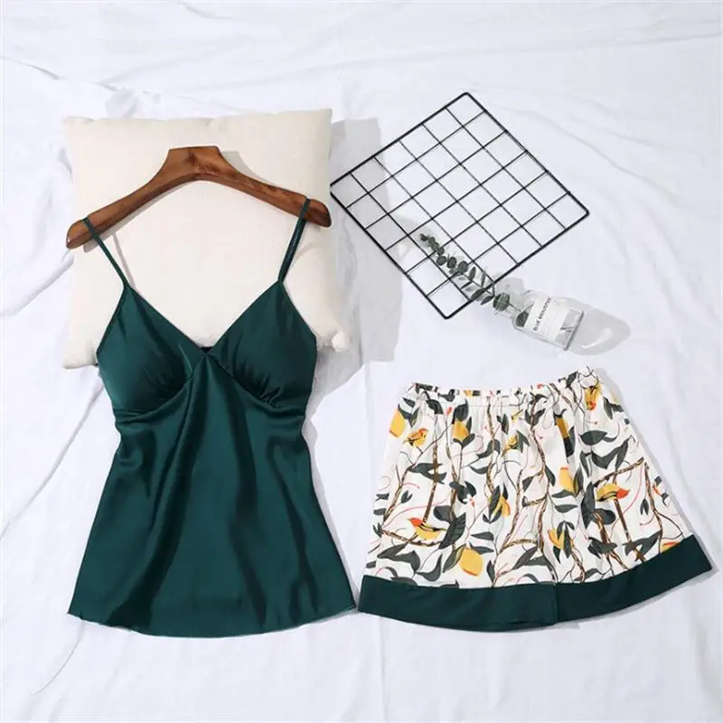 

Sweet Camisole Shorts Two-piece Pajamas Floral Women Summer Student Silk Sling Sexy Home Service Suit Sleeveless V-Neck Lingerie