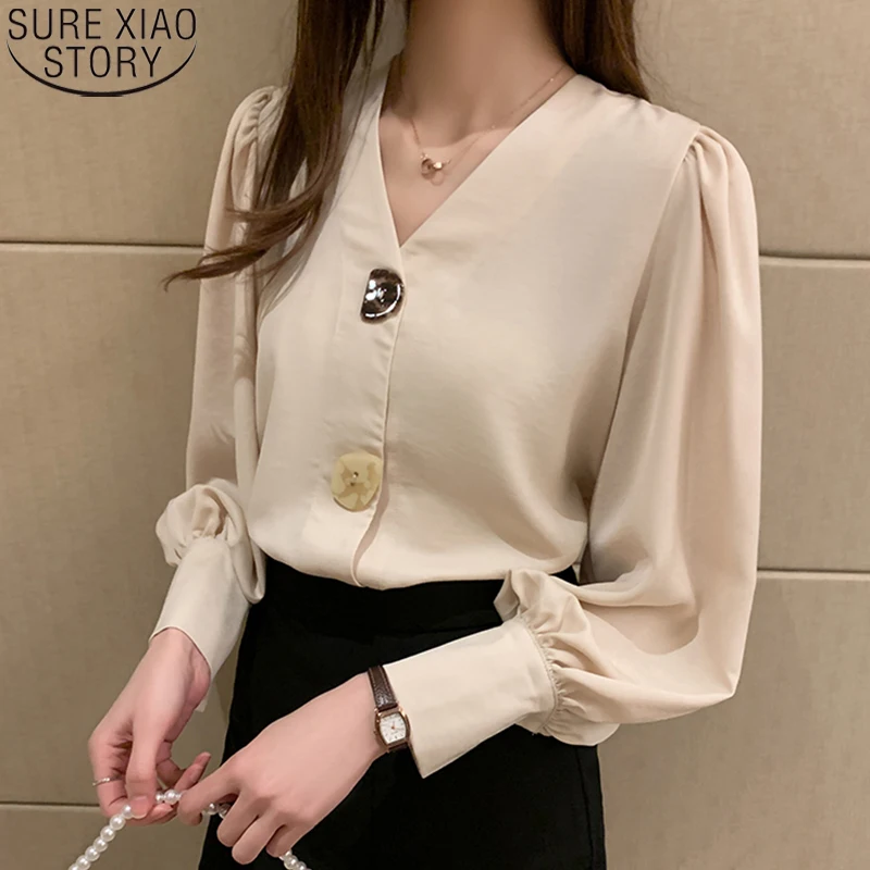 

Elegant Blouses Women V-neck Long Sleeve Shirt Solid Women Tops Casual Korean Tops Lantern Sleeve Office Lady Clothes 10567