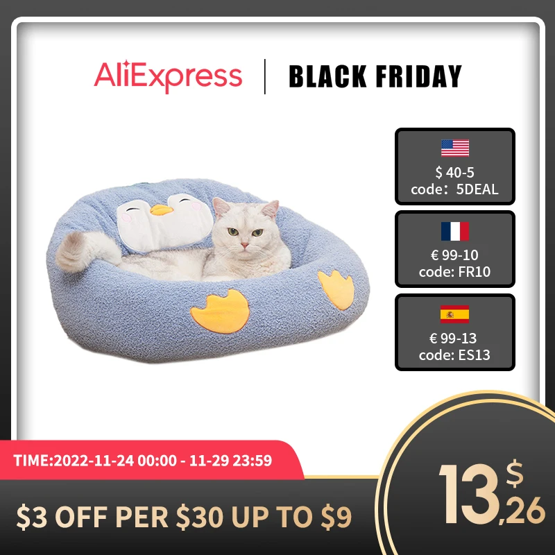 

Плюшевая кровать для питомца в форме пингвина, уютное гнездо для кошки, зимнее теплое гнездо для пещер, спальные кровати, домик для щенка, мя...