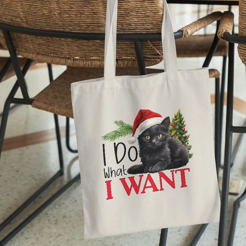 Забавная рождественская женская сумка на плечо с котом парусиновая большая