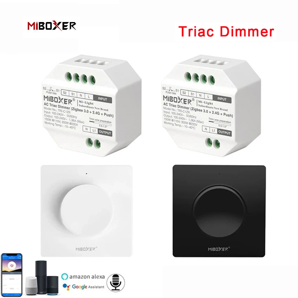 MiBoxer AC Triiac Dimmer RF Push TRI-C1/TRI-C1WR/TRI-C1ZR 110 В-220 В 300 Вт Приложение/голос/дистанционное