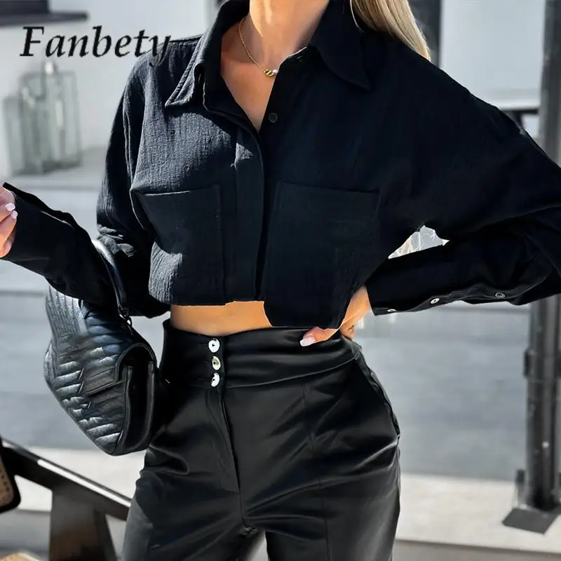 

Women Elegant Solid Color Pocket Versatile Blouse Free Commuter Button Office Long Sleeve Shirt Fashion Short Lapel Shirt Top