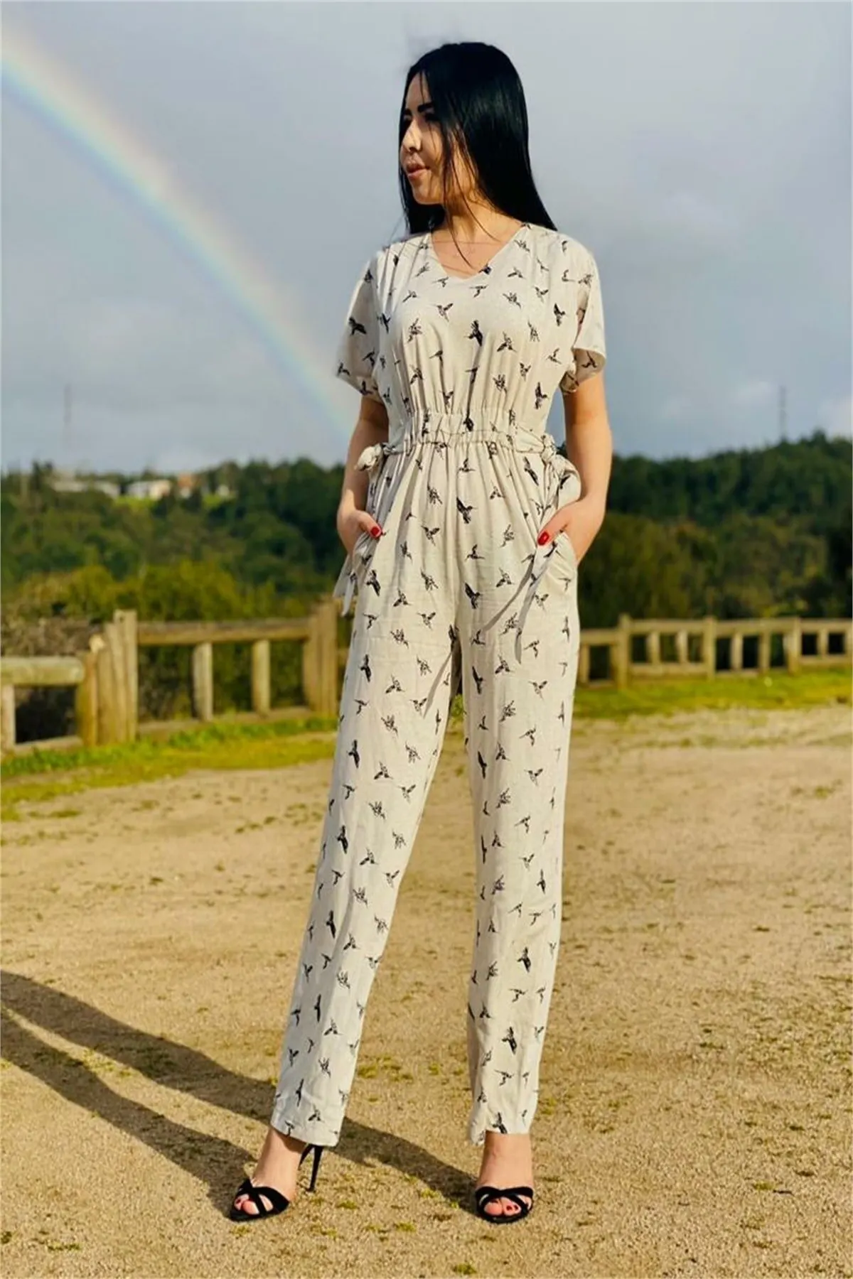 

Women's Overalls Patterned Waist Pleated Pocket Detail vneck Short Sleeve Summer Casual Hot Casual Hot Casual Fashion Jumpsuit