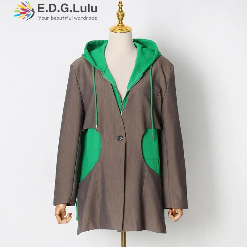 EDGLuLu Design Patchwork Two Fake Pieces Hooded Pullovers Women Hoodies Coat 2022 Autumn Winter Long Sleeve Sweater 1006