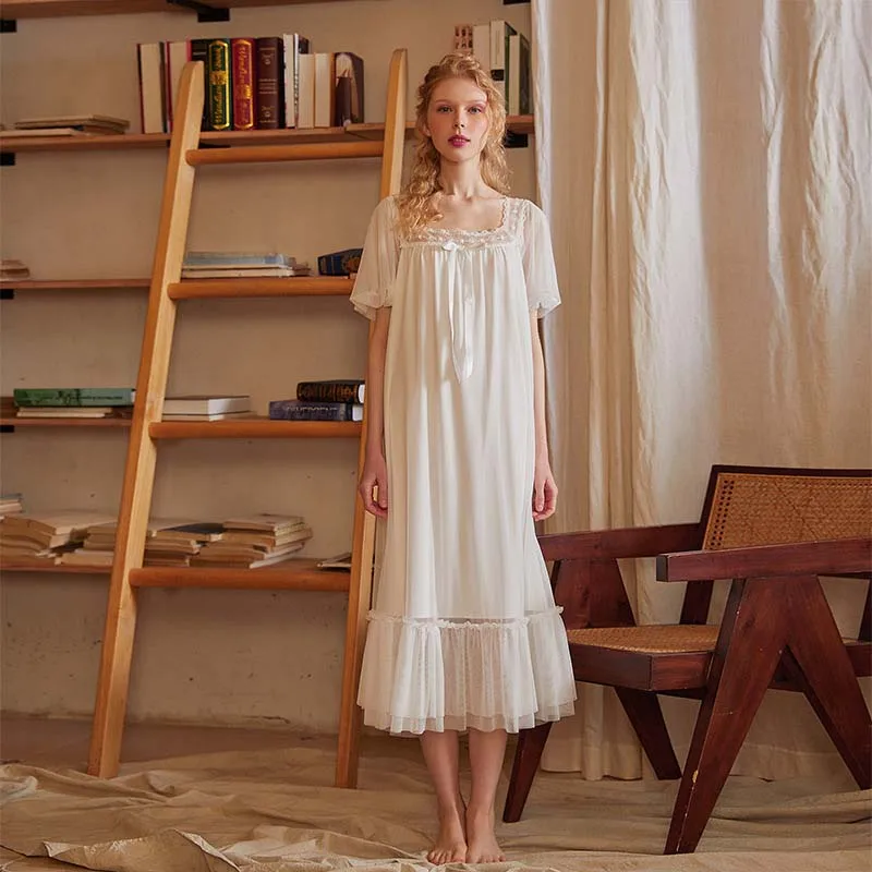 Roseheart Women Homewear Female White Sexy Sleepwear Nightdress Cotton Lace Mesh Nightwear Nightgown Homewear Luxury Gown