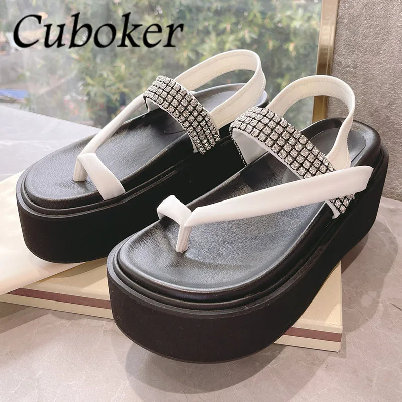 

Шлепанцы женские на платформе, роскошные сандалии с кристаллами, без застежки, открытый носок, толстая подошва, кожаные тапочки, Повседневн...