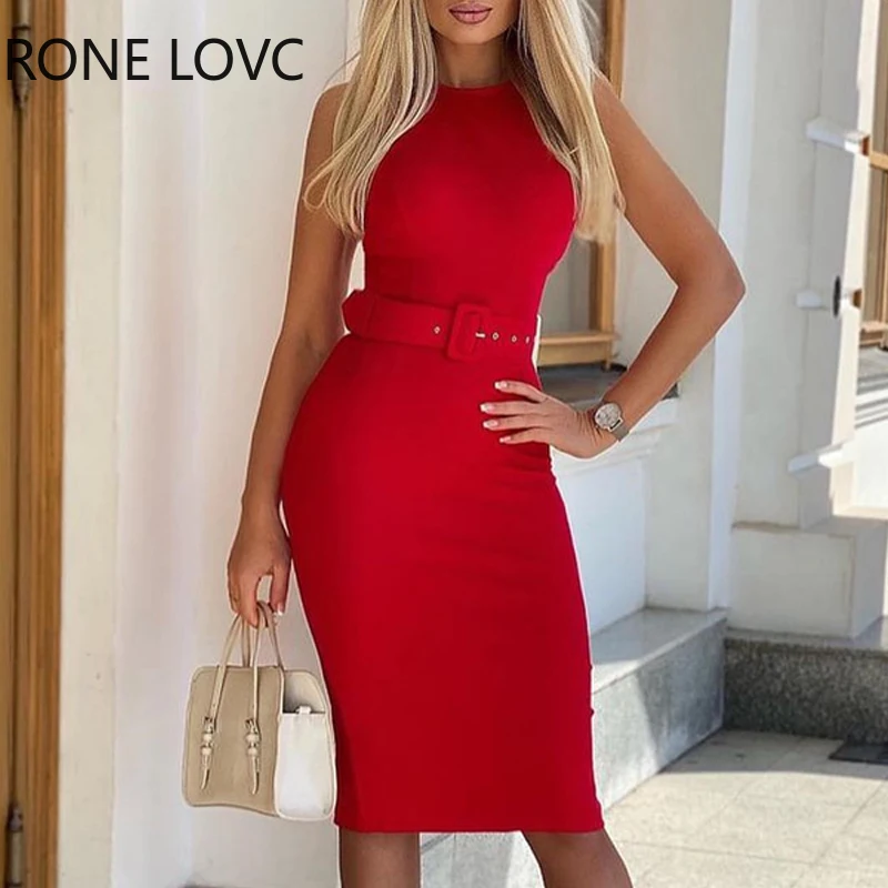 

Women Solid Elegant Tank with Belt Bodycon Sexy Formal Party Red Dresses