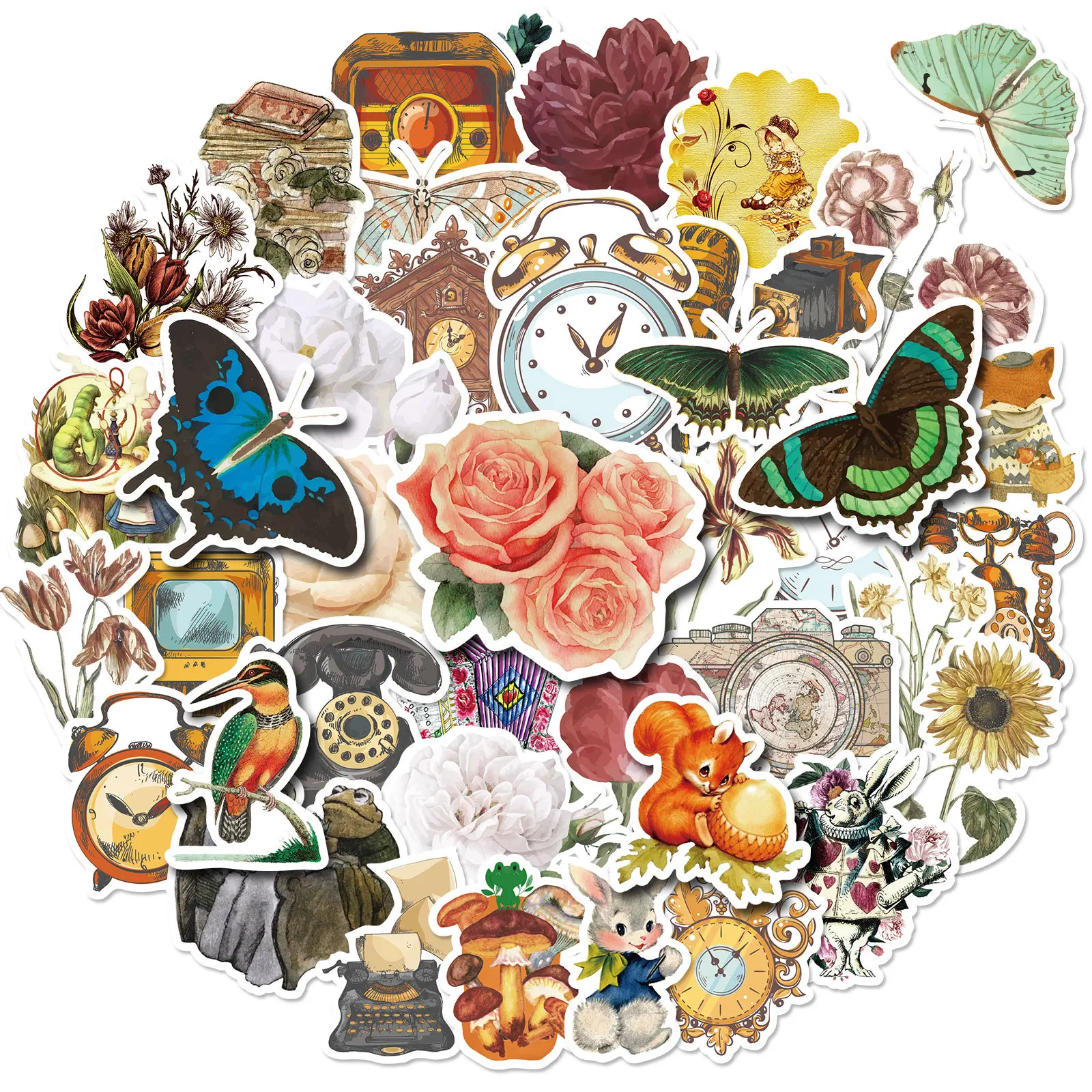 

50pcs Retro Pocket Series Flowers Literary Style Flowers Plants Butterfly Animal Pocket Material Stickers