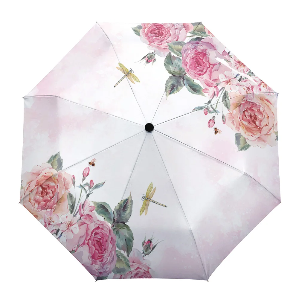 

Pink Flower Dragonfly Fully-automatic Parasol Umbrella Eight Strand Umbrella Foldable Rain Outdoor Umbrella for Kid Woman Male